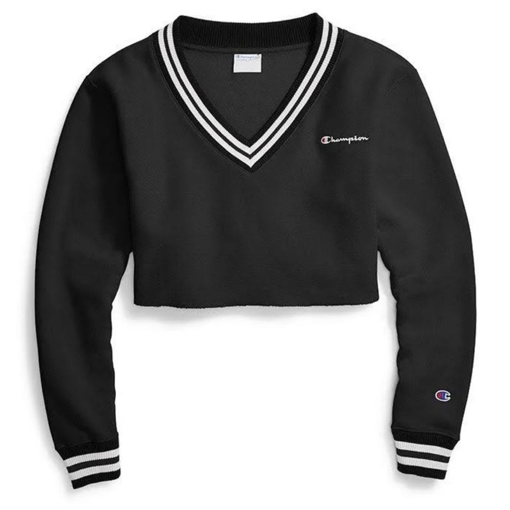 Champion black and white striped weave yarn dye cropped v neck